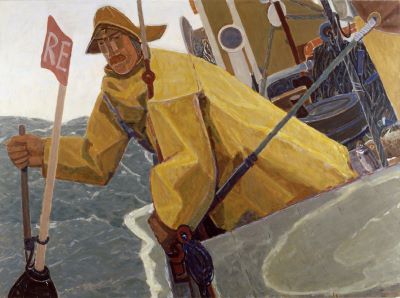 Sjómaður að taka inn dufl